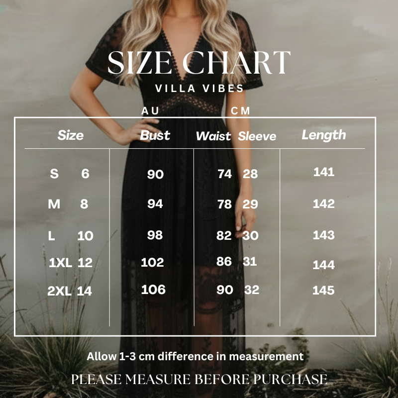 Villa Vibes Size chart for a dress with measurements in AU and CM, displayed over a blurred outdoor background.