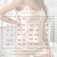 Villa VIbes Love Lounge PJs Size chart for a dress with measurements in AU and CM, displayed over a blurred image of a woman wearing a dress.