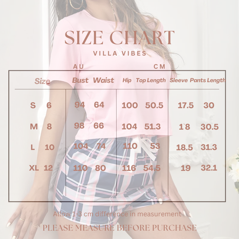 Villa Vibes LOve and Slumber Size chart overlay on a blurred image of a person wearing a pink top and plaid skirt.