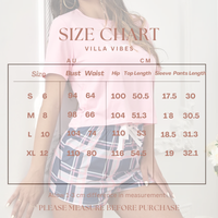 Villa Vibes LOve and Slumber Size chart overlay on a blurred image of a person wearing a pink top and plaid skirt.