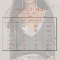 Size chart for a Villa Vibes Madelaine Platinum set with measurements in AU, TOP, and CM, overlaid on a blurred background.