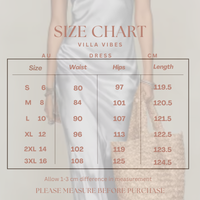 Size chart for a Villa Vibes Madelaine Platinum Set  with measurements in AU, Dress, and CM, featuring 'Villa Vibes' branding.