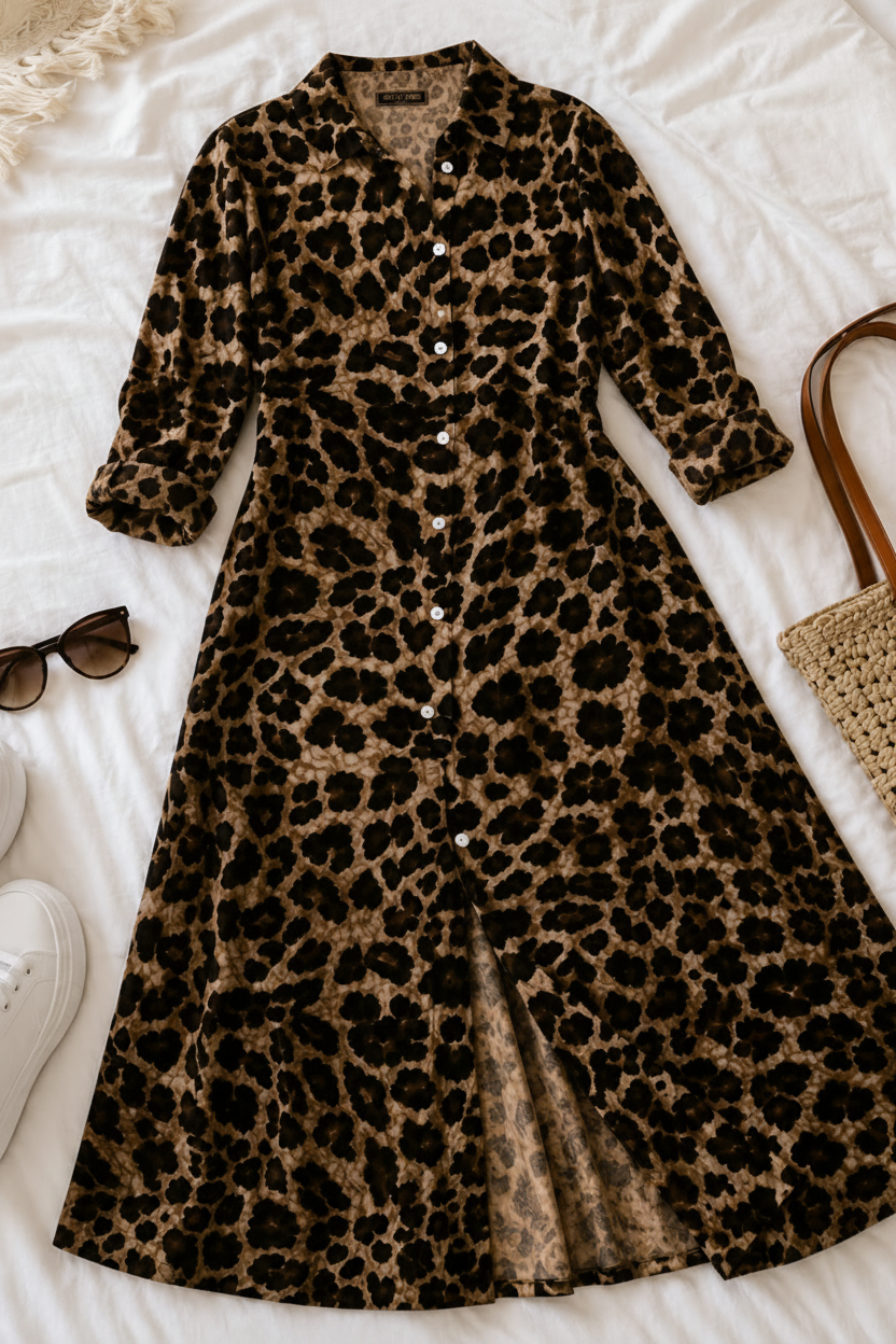 A Villa VibesMika leopard-print long-sleeve button-front dress laid flat on white bedding, styled with sunglasses, white sneakers, a woven tote bag, and a small pouch.