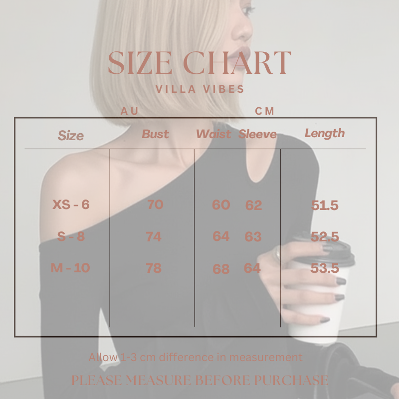 Nikki Black Top Size chart for clothing with a person wearing a gray top on a light gray background