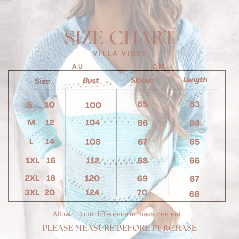Villa Vibes Pippa Blue Hooded Sweater Size chart overlay on a person wearing a blue sweater with measurement details.