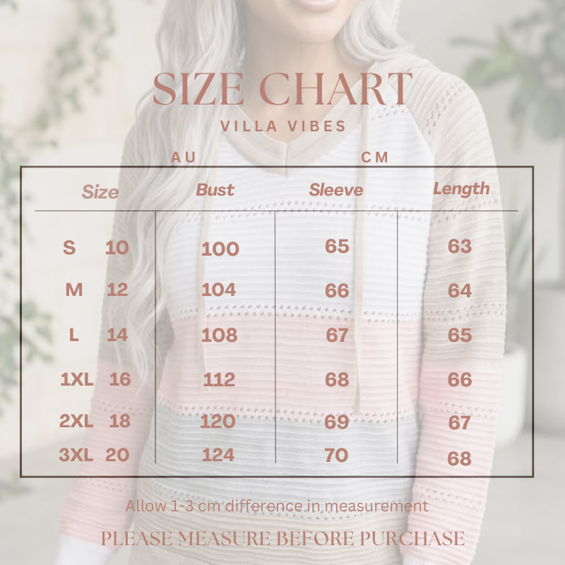 Villa Vibes Pippa Size chart for a garment with measurements in AU and CM, overlaid on a blurred image of a person wearing a sweater.