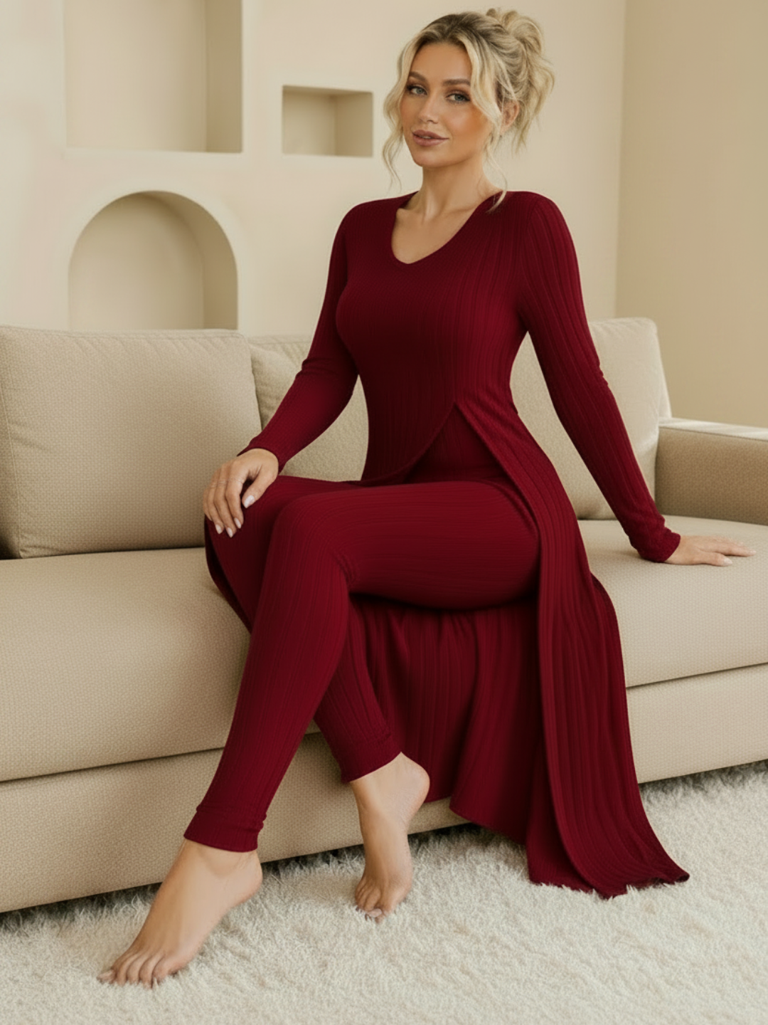 A woman sits on a beige sofa wearing a Villa Vibes Shivani long-sleeve ribbed knit dress in deep burgundy. The dress features a V-neckline, fitted leggings, and a flowing draped overlay.