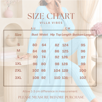 A size chart graphic for the Villa Vibes brand, showing a woman in a light blue ribbed 2pc set overlaid with a size table listing measurements in centimeters for sizes S through 3XL.
