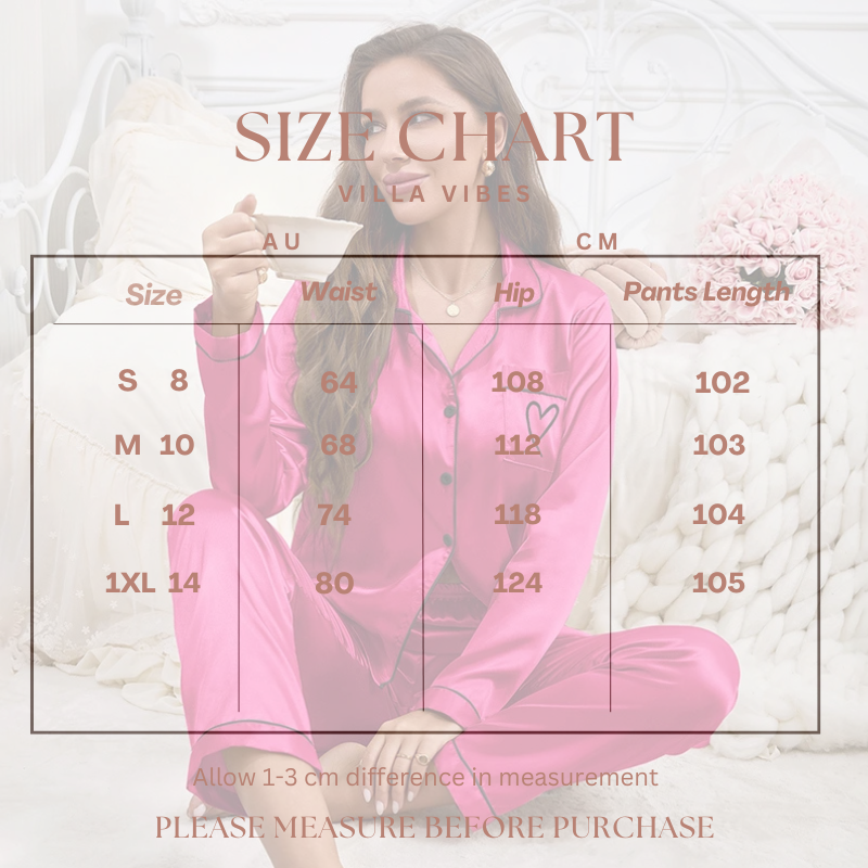  Villa Vibes Sweet Dreams Hot Pink Silky 2pc PJ Set Size Chart