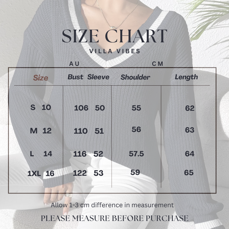 Size chart for Sutton Navy and White trim sweater with measurements in AU and CM, branded 'Villa Vibes'.