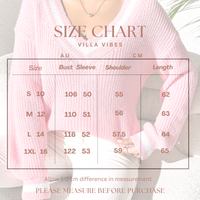 Villa Vibes Sutton Pink sweater with size chart overlay on a blurred background
