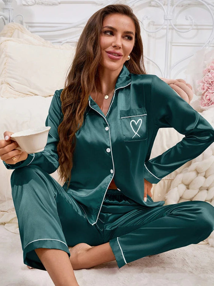 Villa Vibes Sweet Dreams 2pc PJ Set Emerald Green Model with coffee cup