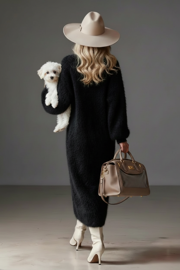 Woman in a Villa Vibes Taylor long black coat holding a small white dog, wearing a beige hat and holding a beige handbag on a plain background.