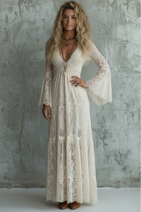 Woman wearing a Villa Vibes Tessa Cream lace dress against a textured gray wall.