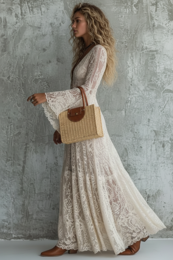 Woman wearing a Tessa Cream lace dress against a textured wall.