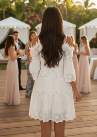 Woman in a Villa Vibes Fallon white lace dress standing on a wooden deck with other people in the background.