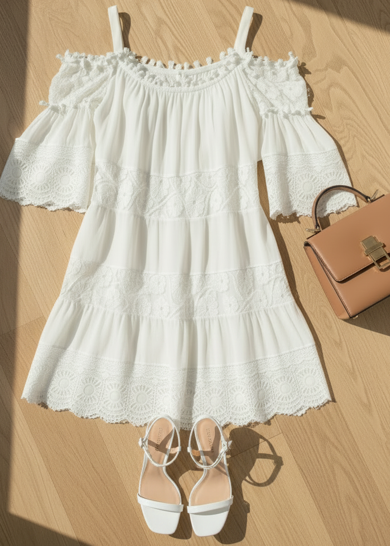 Villa Vibes Fallon White off-shoulder dress with ruffled details, white sandals, and a brown handbag on a wooden floor.