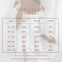 Size chart for a Villa Vibes Fallon White dress with measurements in AU and CM, displayed over a blurred image of a person wearing a dress.