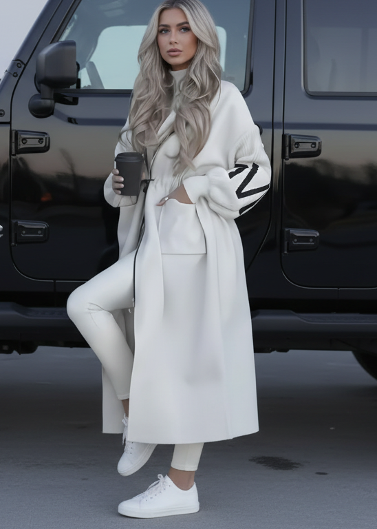 Woman in Kelly white outfit standing next to a black vehicle