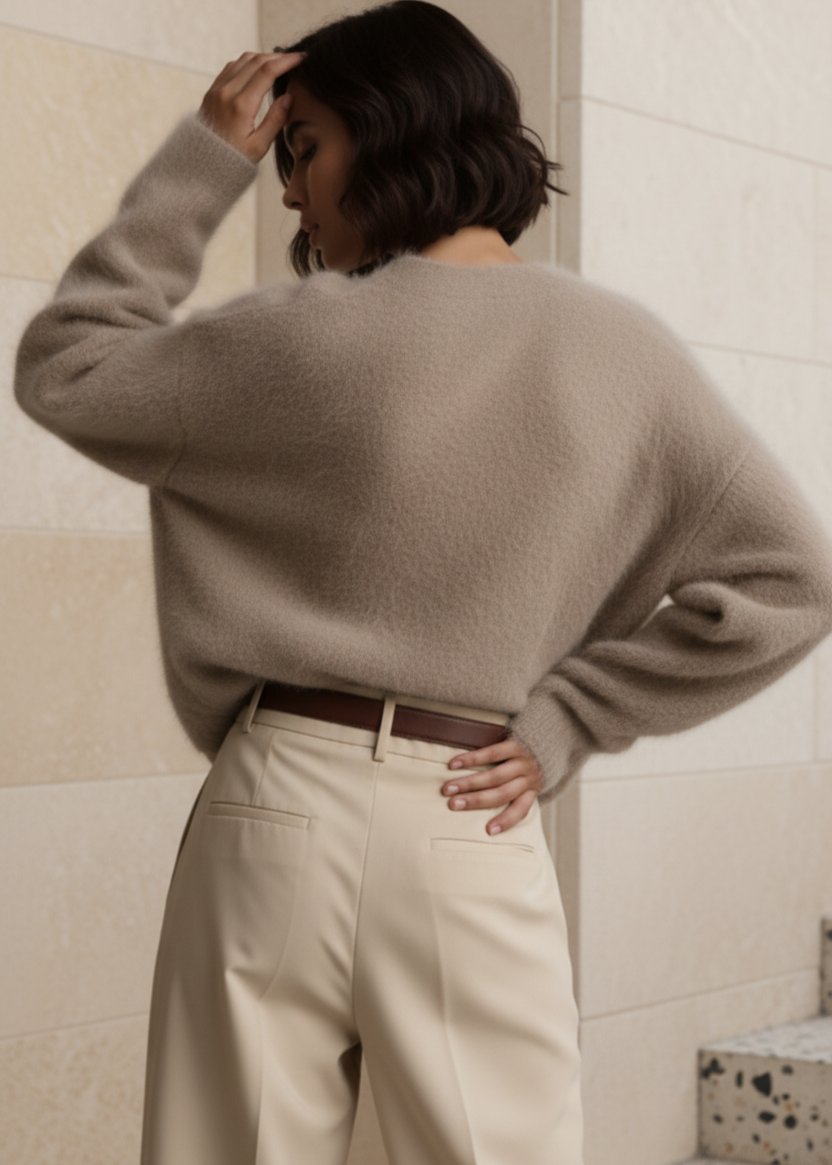 WOman wearing Zendaya beig cardigan