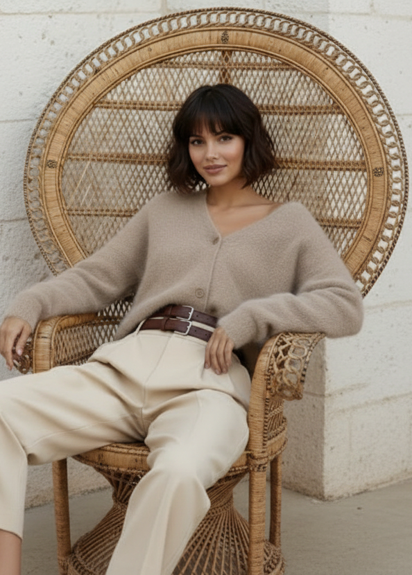 Woman sitting on a wicker chair wearing Zendaya beige cardigan and white pants.