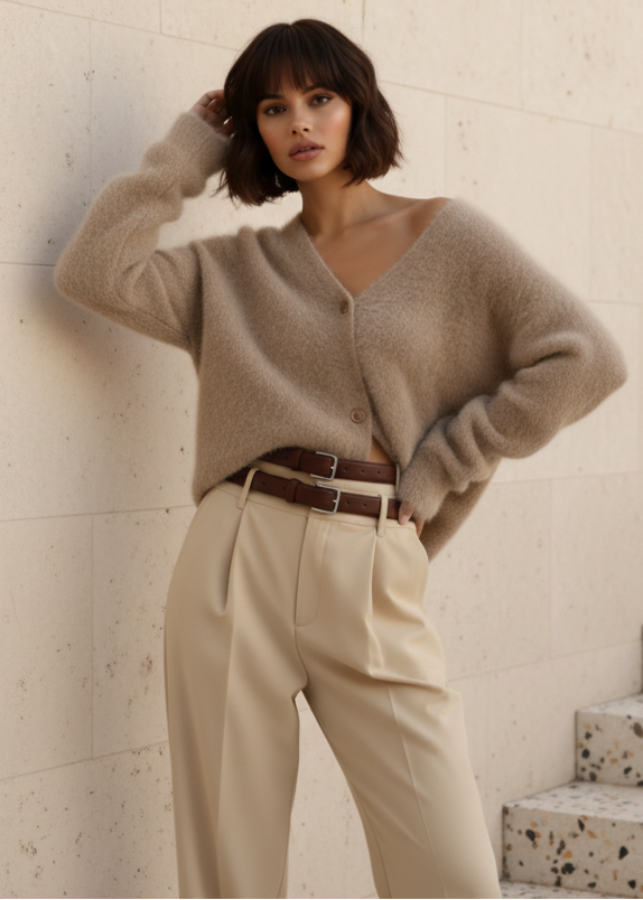 Woman wearing Zendaya beige cardigan and cream pants against a light-colored wall.
