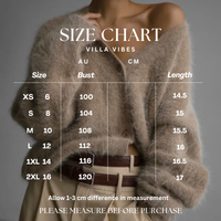 Zendaya Size chart for a sweater with measurements in AU and CM, labeled 'Villa Vibes'.