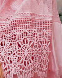 Close-up of a pink lace garment with intricate patterns.