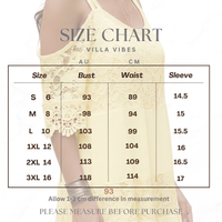 Elle Lemon Lace Dress size chart with faded background photo