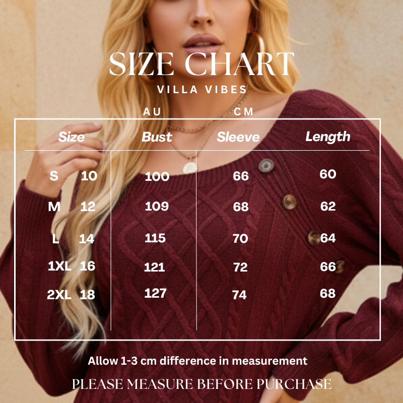 Anya Size chart for a maroon sweater with measurements in AU and CM, worn by a model.