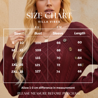 Anya Size chart for a maroon sweater with measurements in AU and CM, worn by a model.