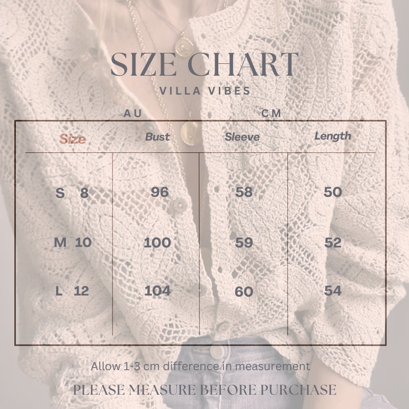 Size chart for Roxy with measurements in AU and CM, featuring 'Villa Vibes' branding.