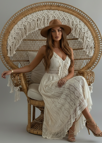 Woman in a white dress and brown hat sitting on a decorative wicker chair.