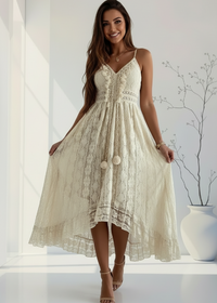 Woman wearing a beige lace dress in a bright room with a vase and plant.