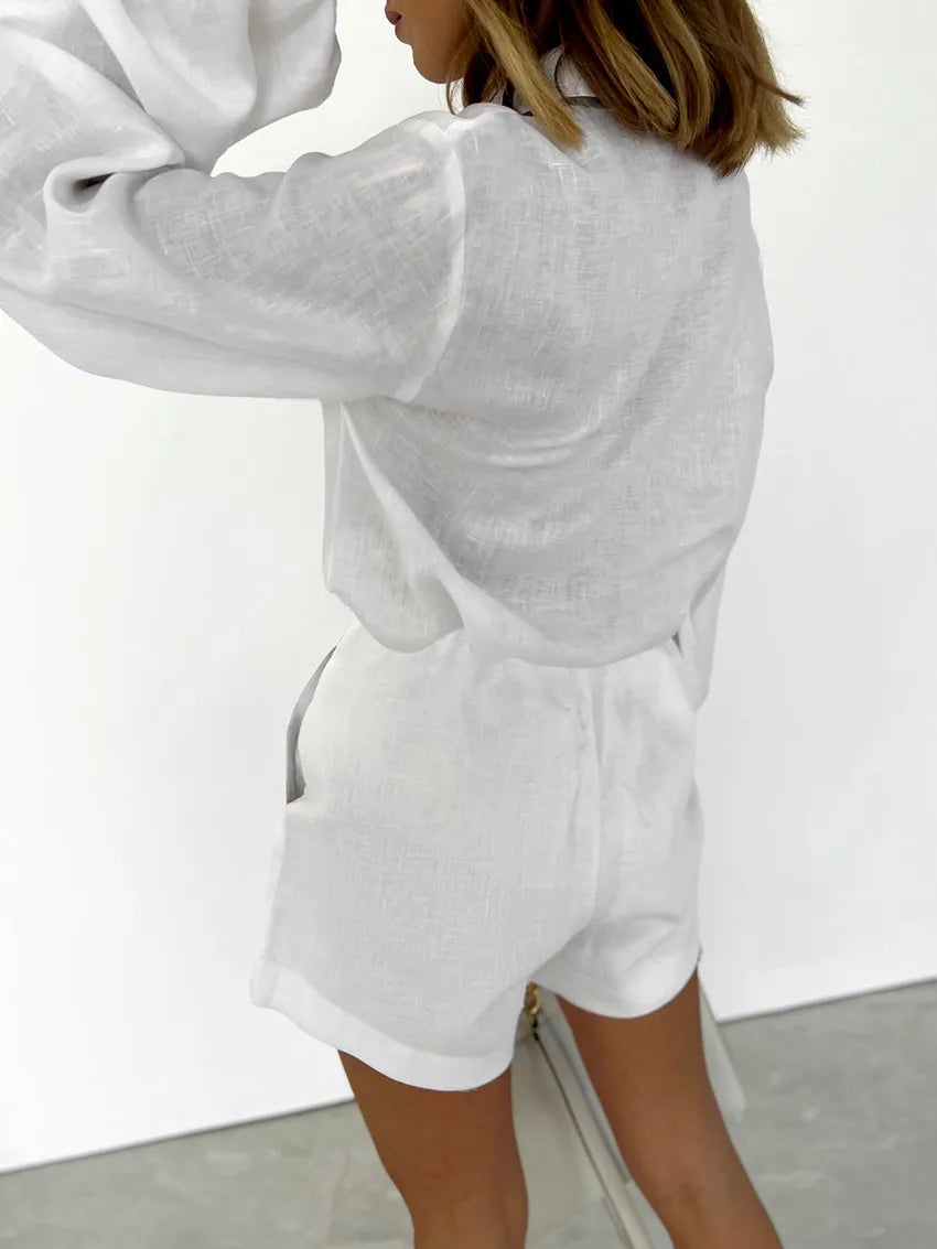 Olivia White Linen Shirt Shorts Set