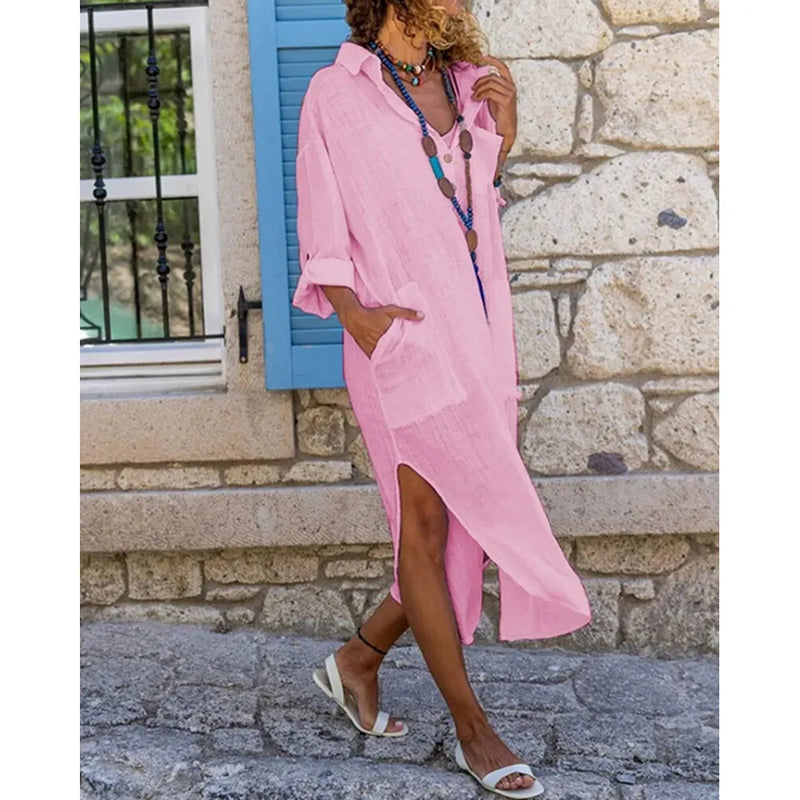 Jewel Pink Linen Blend Shirt Dress